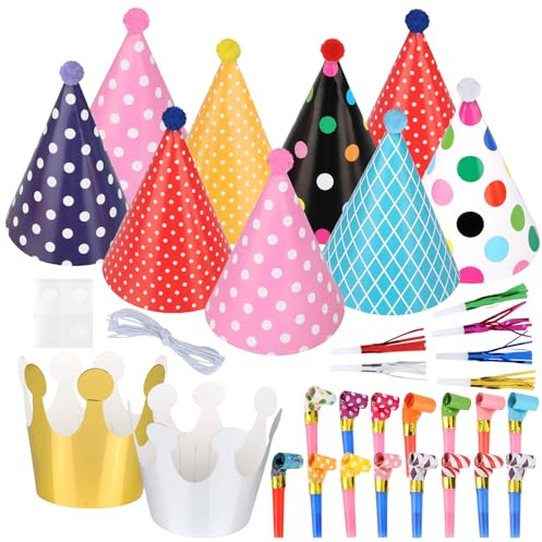GUOYIHUA 32 Stück Partyhüte Set, Kinder Party Papier Geburtstagskrone, Party Kegel Hüte, Lufttröte Tröten, Lustige Kindergeburtstag Celebration Dekoration Set, Party Supplies Kinder und Erwachsene