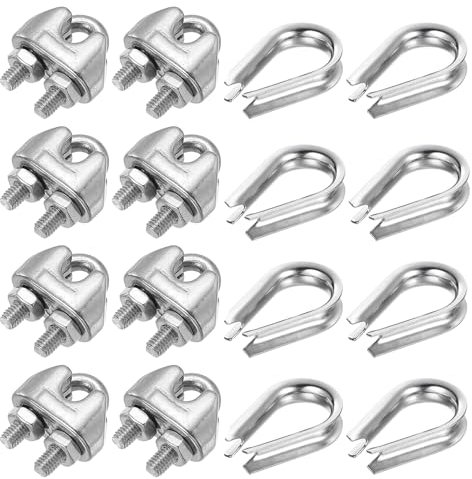 PATIKIL Set de Accesorios para Cuerda de Alambre, 12 Piezas de Abrazadera de Clip de Cable de Acero Inoxidable 304 Y 10 Piezas de Guardacabos para Cuerda de 6mm/1/4