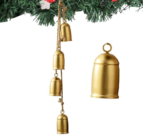 HuiDao Weihnachtsglocken, goldene Kuhglocken, Weihnachtsdekoration, Innenbereich, 4 Stück, rustikale Messingglocken, Vintage-Hänglocke für Weihnachtsbaumdekoration, Türknauf (Doliform), CB-T01