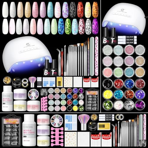 Coscelia Kit Uñas Acrilicas con Lampara Uñas, 27PCS Acrilico para Uñas con 30ML Monómero, Kit Acrilico Uñas Completo Profesional con U-V Uñas Gel para Principiantes Art DIY en Casa