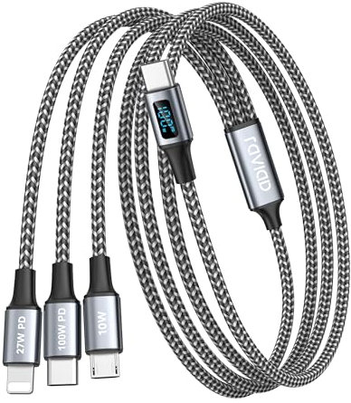 RAVIAD 100W Câble Chargeur Multi Embout USB C [2M] Schnellladekabel mit LED 3 in 1 Ladekabel [100W]+USB C vers Lightning[27W]+USBC vers Micro[10W] pour iPhone 16/15/14, Galaxy, Pad Pro/Mini, MacBook