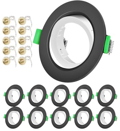 Recessed Ceiling Light Fitting - GU10 Downlights for Ceiling, Round Black Outer Ring and White Inner Frame, Adjustable Spotlight Mounting Frame, 10 Pack