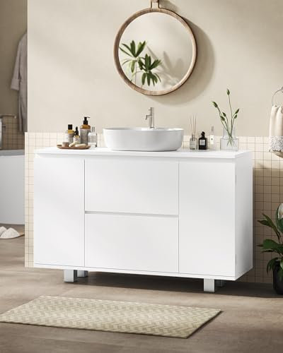 Mueble Bajo Lavabo, Armario de Baño con Cajones, Compartimentos para Puertas, Estantes Ajustables, Armario Bajo Lavabo con Piess, Gran Espacio de Almacenamiento, 90 x 30 x 60 cm, Blanco