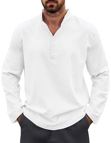 Lishang Chemise Lin Homme Manches Longues Chemise Été Décontractée Casual Col Mao Regular Fit Chemises Hommes Couleur Unie Shirts Plage Classique