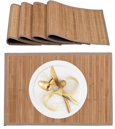 Relaxdays Mantelitos Individuales, Set 4, Bambú, Borde Tela, Antideslizante, 45x30 cm, Posaplatos, Rectangular, Natural, Poliéster