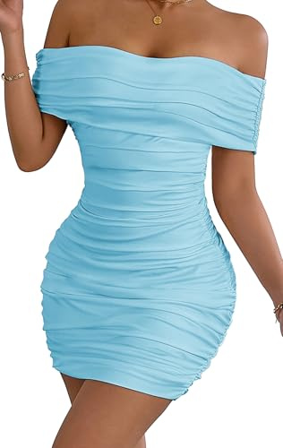 AIEOE Donne Cocktail Party Bodycon Abiti off Spalla Corto Donne Mini Abito Elegante Aderente Backless Sexy Taglia M Blu