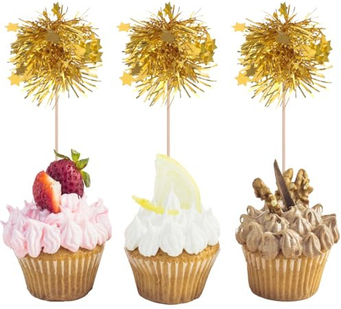 40 Stück Muffins Deko Cupcake Deko Glitzer Gold-Folie-Feuerwerk Tortendeko Geburtstagskuchen Cake Decoration Cupcake Topper für Geburtstag Hochzeit Babyparty Partyzubehör