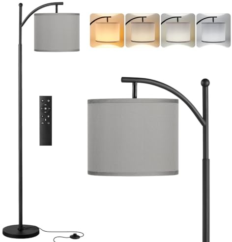Aooshine Floor Lamp, 60 Modern Arc Grey Standing Lamps with Remote Control and Stepless Dimmable Colors Temperature & Brightness, Black Pole(Bulb Included)