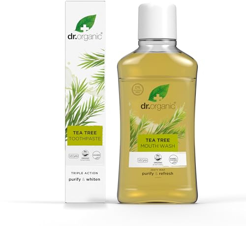 Dr Organic Tea Tree Toothpaste 100ml & Mouthwash 500ml - Alcohol Free, Natural, Bad Breath & Healthy Gums, Paraben & SLS Free, Vegan