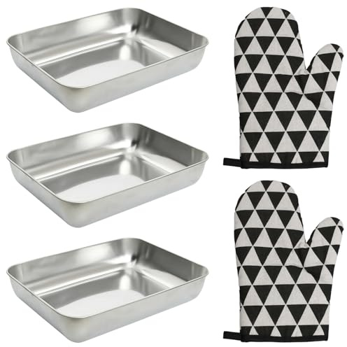 3 Piece Stainless Steel Breading Trays Set with 2 Heat-Resistant Gloves, Stackable & Dishwasher Safe, 25×20×5cm – Ideal for Breading, Marinating, Portioning & Food Prep