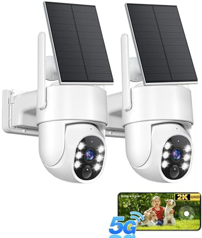 Gianteye 5G Solar Security Cameras Wireless Outdoor, 2K Cameras for Home Security Outdoor, Security Cameras Wireless Outdoor with Color Night Vision, 2-Way Talk, PTZ Human Detection, 2 Packs