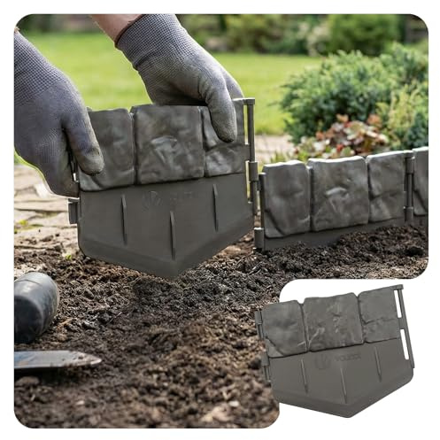VOUNOT® Bordura per Aiuola Effetto Pietra 21,4m in Plastica Ultra Resistente, Senza Scavo, Bordo Giardino Decorativa Facile da Installare, per Vialetti, Aiuole e Prati, Set da 140 Pezzi, Grigio