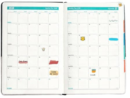 2026 Planerare, läder A5 anteckningsbok, månatlig veckokalender, organiserare för studenter lärare proffs, planeringsverktyg för skola högskola arbete familj män kvinnor, produktivitetsplanerare