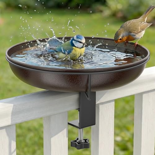 WELDUN Vogeltränke hängend für Balkongeländer, Φ26CM Metall Vogelbad Balkon, Antike Vogelbad Garten für Wildvögel, Winterfest Futter Wasserschale, Vogelbadewanne für Balkongeländer, Rot Bronze