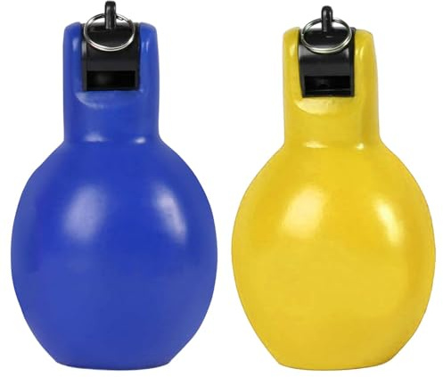 KBOLAE 2 silbatos de mano para apretar, silbatos deportivos fuertes para senderismo, interiores y exteriores, amarillo y azul