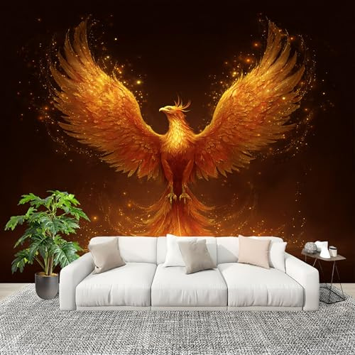 Sömlöst skarvningsmode, fototapet, 250 x 175 cm, drömflamma, fenix, avtagbar, modern, lyxig tapet (ej självhäftande), guld, XXL, väggdekoration, väggtapet, slitstark och luktfri