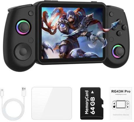 RG43H PRO Retro Handheld Game Console,4.3 Inch IPS Screen, RK3562 Quad-Core CPU,Portable Dual System,WiFi Networked Fighting HDMI TV Output,4000mAh Battery,Retro Daming Console With 64GB TF Card,Black
