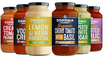 Sonoma Gourmet Pasta Sauce Variety Pack | 6 Flavors: Lemon Herb Ricotta, Vodka Cream, Kale Pesto, Creamy Tomato Parmesan, Cherry Tomato Basil & Roasted Garlic | No Sugar Added | Non-GMO | 25oz Jars