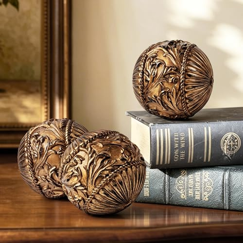 AELS 4 Vintage Decorative Balls Orbs, Set of 3 Decorative Spheres for Bowls and Trays, Antique Dining Table Centerpieces, Home Decor for Living Rooms, Dining Room, Coffee Table, Bronze Gold