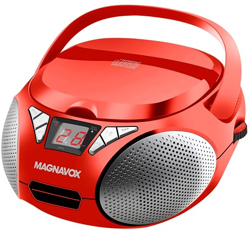 Magnavox Portable Top Loading CD Boombox with AM/FM Stereo Radio | CD-R/CD-RW Compatible | LED Display | AUX Port Supported | Programmable CD Player | (Red)
