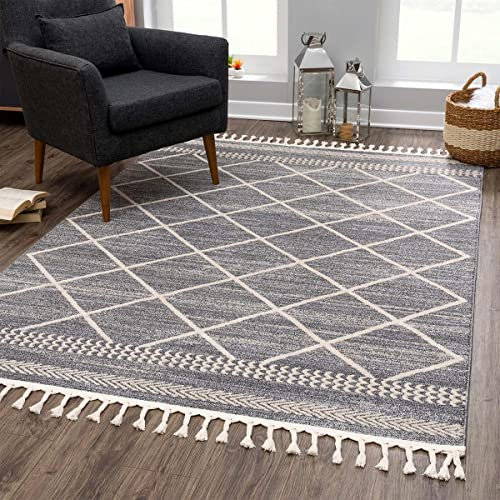 carpet city Teppich Ethno Wohnzimmer Grau - 200x290 cm - Raute-Berber-Muster - Boho-Teppiche Kurzflor Modern - Fransenteppich Tricolor Soft&Weich - Flachflor Schlafzimmer
