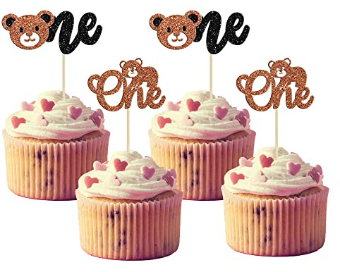 Gyufise 24Pcs Bear Cupcake Toppers Glitter Bear One Cupcake Picks First Birthday Cake Decorations for Gender Reveal Bear Theme Baby Shower Kids Birthday Party Supplies