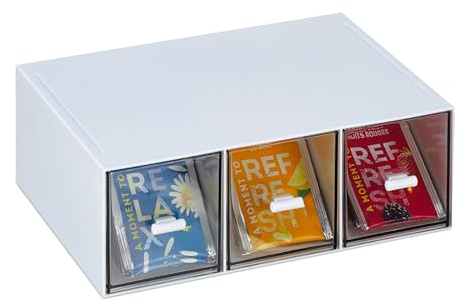 Relaxdays Tee Organizer, 3 Fächer, Kunststoff, vertikal oder horizontal, stapelbar, Teebeutelspender, weiß/transparent