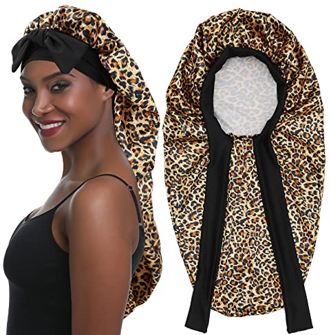 SENGTERM Gorro de satén largo para mujer, gorro de satén largo ajustable para dormir, gorro de dormir de satén extra grande para mujer, rizos largos, leopardo, L-XL