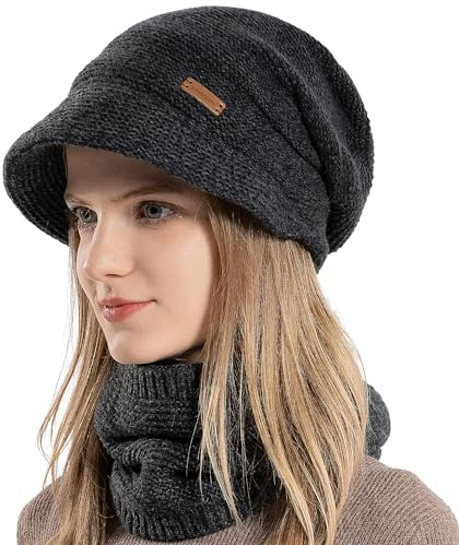 WANYIG Damen Wintermütze Strickmütze mit Schal mit Schal Herbst Damenmützen Winter Schal und Mütze Set mit Visier/Weichem Innenfutter Gefütterte (Schwarz)