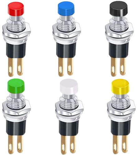 RUNCCI-YUN 6Pcs Self-locking 7mm Mini Push Button Switch SPST Latching Type ON/OFF 2 Pin Round Button 3V-6V-12V-24V-230V/1.5A Mini Switch for Model Railway Hobby(black white blue red yellow green)
