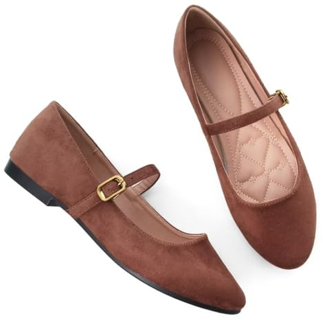 Stunner Women's Mary Jane Flats Fashion Round Toe Ballet Flats Comfortable Ankle Strap Flats Slip On Dress Flats Brown 40(8.5) 2