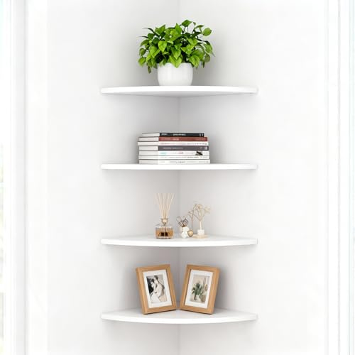 AHAQU 4PCS White Corner Shelf, Wooden Floating Corner Shelves, Oak Floating Corner Shelf Wall Mounted for Bedroom, Bathroom, Living Room, Kitchen