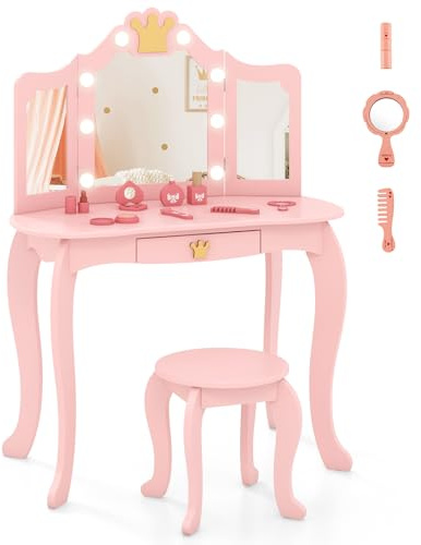 RELAX4LIFE Toeletta Trucco per Bambina con 8 Lampadine LED, 3 Colori di Luci, Specchiera Trucco con Sgabello, Toeletta in Legno, Specchio Rimovibile, per Bambini 3-7 Anni (Rosa)
