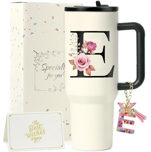 ZIOSINM A-Z 1.2L Borraccia Termica con Cannuccia, Acciaio Inossidabile a Doppia Parete Tazza Termica, Ideale Come Regalo per Donna Personalizzato per Natale e San Valentino (E)