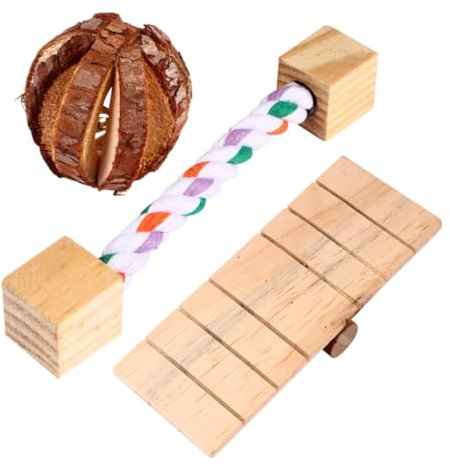 Toyvian Wooden Hamster Chew Toys 3pcs Set with Natural Bark Fruit-shaped Ball, Cotton Rope Wooden Block and Teeter Board for Small Animals Pet Molar Chewing and Activity