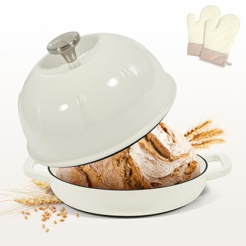 Davivy Forno olandese in ghisa smaltata per pane a lievitazione naturale, pentola olandese con coperchio a cupola, pentola per pane in ghisa, con guanti da forno, bianco