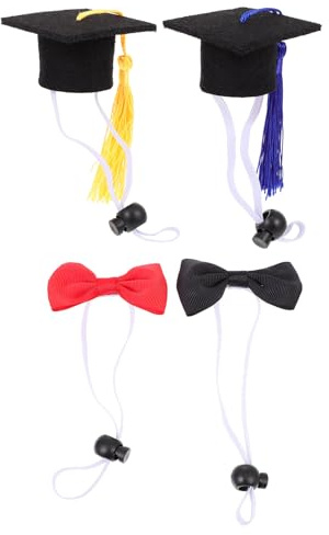 Hohopeti Mini Hamster Graduation Caps 4pcs Set with Wear-Resistant Chinchilla Hats, Elastic Fit Doctor Hats and 7cm Bowknot Accessories for Small Pets and Rodent Supplies