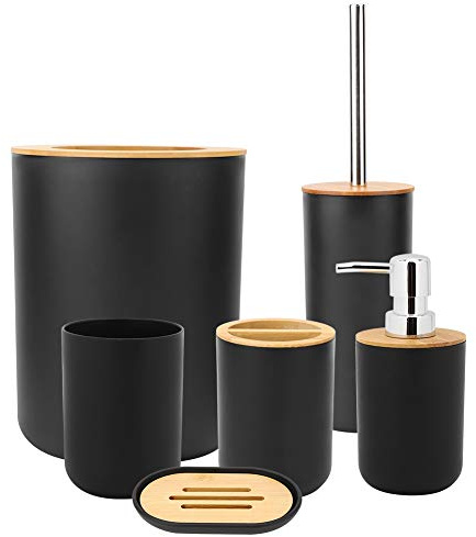 Wakects Set de 6 accessoires de salle de bain en bambou pour salle de bain, boîte à savon, porte-brosse à dents, seau à vaisselle, bouteille de lotion, brosse WC (noir)