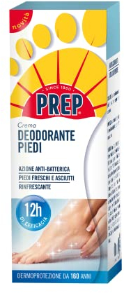 Prep, Fußdeocreme, Anti-Geruchscreme mit antibakteriellem Wirkstoff, auf Basis von Talkum, Reiskleieöl, Menthol und Bio-Aloe, erfrischende Wirkung, Format 75 ml