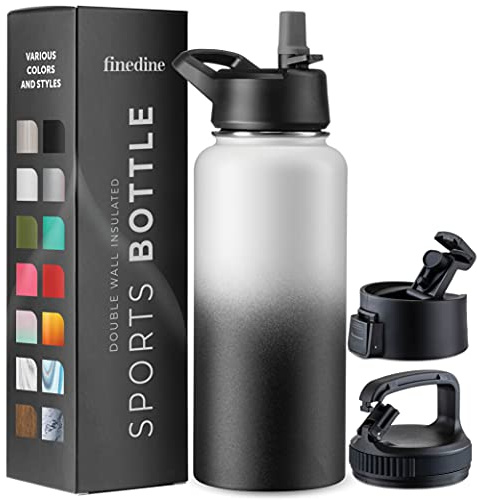 FineDine Triple Walled, Insulated Water Bottles with Straw - 32 Oz Stainless Steel Metal Bottle W/ 3 Leak Proof Lids - For Travel, School, Sports, Gym/Men, Women & Kids - Dreamy Black-White