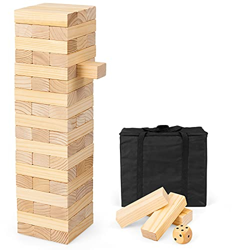 COSTWAY Riesen Wackelturm, 54 Blöcke aus Kiefernholz, Verflixter Turm-Spiel mit Würfel & Tragetasche, Holzturm Geschicklichkeitsspiel Gesellschaftsspiel für Kinder und Erwachsene