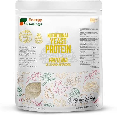 Energy Feelings Proteine in Polvere Vegane di Lievito Nutrizionale 1kg, Proteine Vegetali in Polvere Senza Lattosio e Glutine 80%, Per l’Aumento della Massa Muscolare, Gusto Vaniglia Senza Edulcoranti