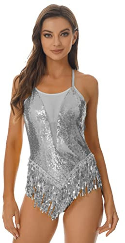 Aislor Ballettbody Damen Tanzbody Glitzer Ballettkleid Ärmellos mit Pailletten Fransen Ballett Trikot Rock Latein Kleid Tanzkostüm Silber XL