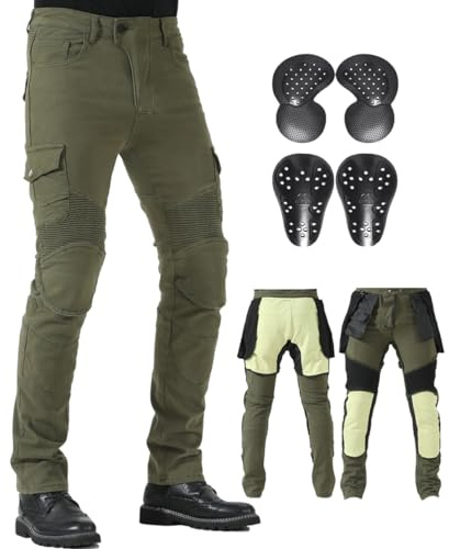 CTBQiTom Pantalón Moto para Hombre con Revestimiento Protector de aramida Pantalón de Moto con Coraza Desmontable CE,Verde Militar,32W/30L