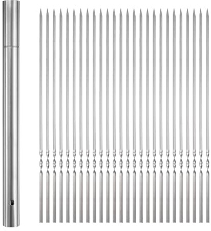 QUARKZMAN 50 piezas de Brochetas de Metal 35cm x 2.8mm Palitos Planos de Acero Inoxidable Reutilizables para Barbacoa al Aire Libre con Tubo de Almacenamiento para Carne, Camarones