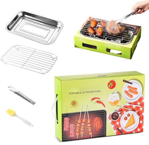 Griglia usa e getta portatile da 30 cm, a carbone, leggera, pronta all'uso, set per piccoli picnic all'aperto, gruppi, barbecue, campeggio (verde, rettangolare, 30 cm)