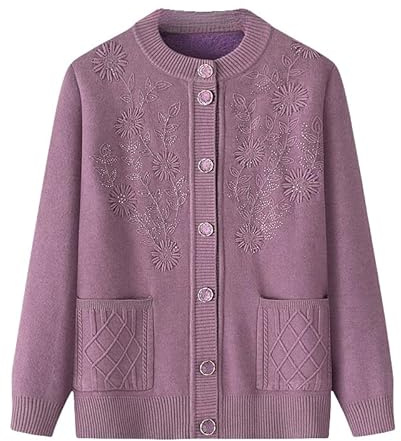 Genérico Cárdigan de Punto para Personas de Mediana Edad Y Mayores, con Forro Polar, Cuello Redondo, Bordado, con Bolsillo, para Madres, Cálido, Abrigo, Chaqueta, Primavera Y Otoño