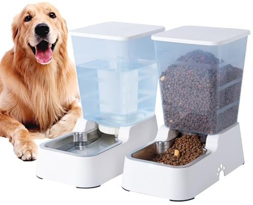 Distributore automatico di cibo e acqua per cani e gatti e altri animali domestici (set bianco da 5 litri) per cani di taglia media e grande