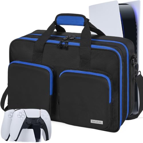 AKOZLIN Carrying Bag for PS5/PS4/PS4 Pro/PS4 Slim/Xbox One XS Gaming Console Travel Carry Case with Pockets for Controller, Headset, Game Discs,Console Base and Accessories,Blue