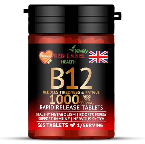 Red Label Health Vitamin B12 Tablets High Strength 1000mcg, 365 Tablets (1 Year Supply) Methylcobalamin B12 for Tiredness, Fatigue & Energy Vegan & Vegetarian-Friendly Made in the UK